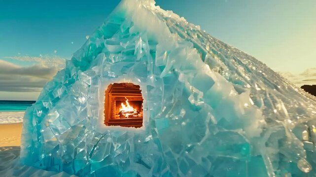 An igloo made of shimmering ice blocks sits on a sunny tropical beach. Inside, a cozy Christmas scene with a fireplace, stockings, and a palm tree decorated with lights.