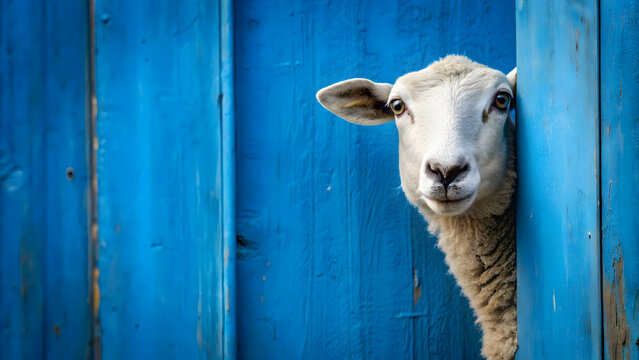 Portrait of a sheep peeking out from behind a blue wall , sheep, hiding, frightened, blue wall, animal, portrait, cute