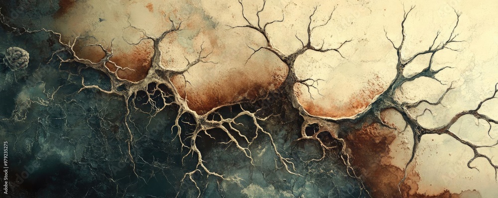 Poster abstract illustration of intricate branches extending across a textured surface, evoking a sense of 