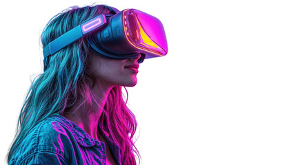 Woman in VR Headset, Immersed in Futuristic Virtual Reality World