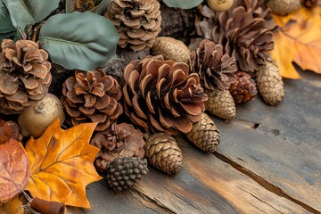 Rustic autumn arrangement with pine cones, acorns, and leaves on a weathered wooden surface, evoking a cozy, natural fall atmosphere.