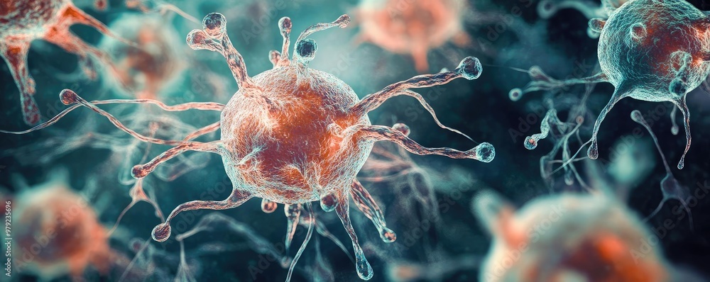 Poster close-up of colorful virus particles, showcasing intricate details and structure, ideal for scientif