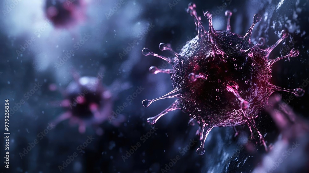 Poster a close-up view of a virus, showcasing its intricate structure and textures in a microscopic realm. 