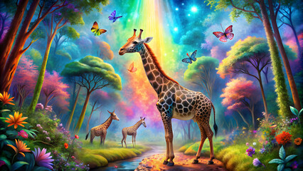 Giraffe and butterfly surrounded by vibrant psychedelic forest animals in a trippy nature landscape, giraffe, butterfly