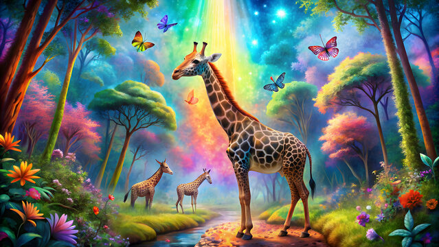 Fototapeta Giraffe and butterfly surrounded by vibrant psychedelic forest animals in a trippy nature landscape, giraffe, butterfly