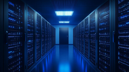 Fototapeta premium Server racks in computer network security server room data center 3D render dark blue. 3d waiter