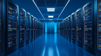 Fototapeta premium Server racks in computer network security server room data center 3D render dark blue. 3d waiter