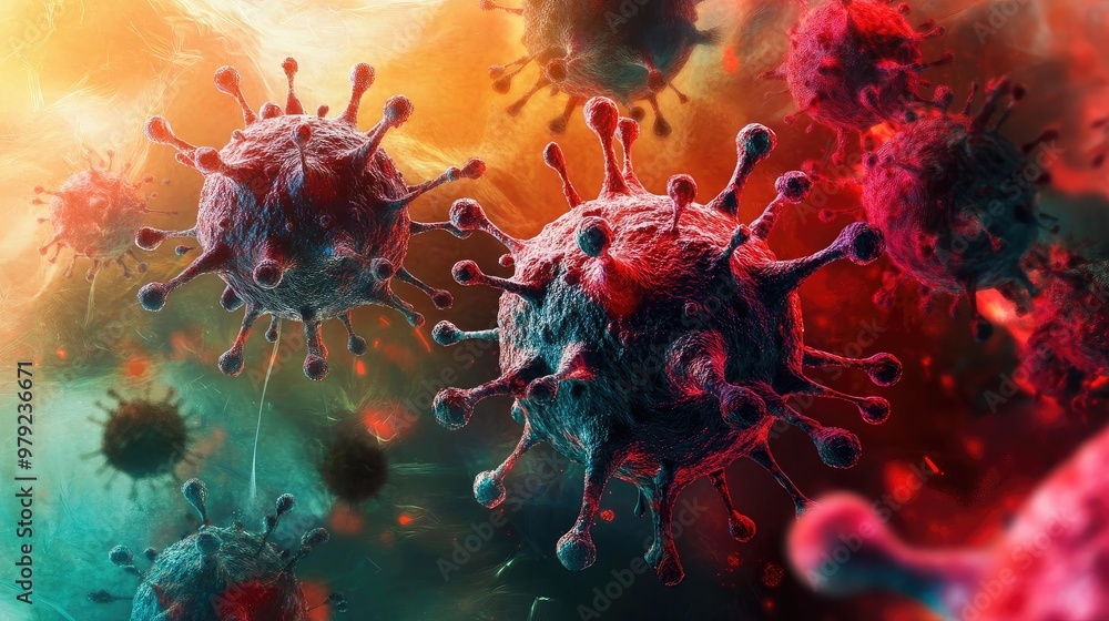 Poster a vibrant microscopic view of viruses showcasing intricate details and vivid colors, illustrating th