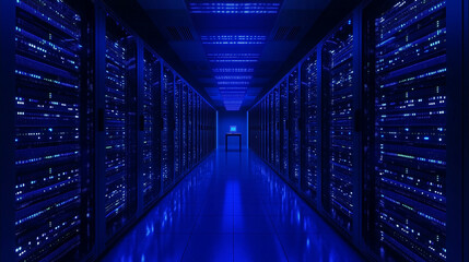 Fototapeta premium Server racks in computer network security server room data center 3D render dark blue. 3d waiter