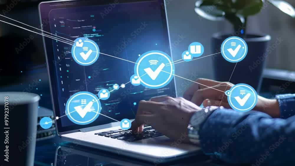 Poster hands typing on a laptop keyboard with digital icons representing data security, cloud storage, and 