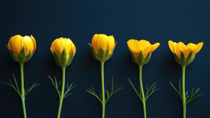 Obraz premium A sequence of yellow flowers showing different stages of bloom, from closed buds to full blossoms, on a dark background.