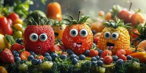 A playful metropolis where lively produce with eyes creates a delightful and engaging atmosphere