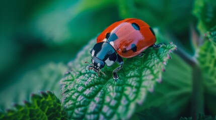 Fototapeta premium Close-up of a vibrant red ladybug on a green leaf