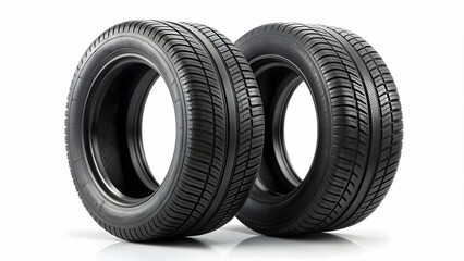 Obraz premium Two black tires isolated on a white background, automobile, transportation, rubber, road, vehicle, maintenance, pair, black, round