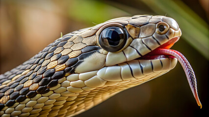 Obraz premium Close up of a snake with scales and flickering tongue, snake, reptile, close up, textured, slithering, wildlife, animal