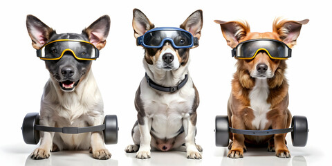 Dogs wearing AR glasses receiving guided workout, futuristic, pets, technology, cool tones, exercise, training