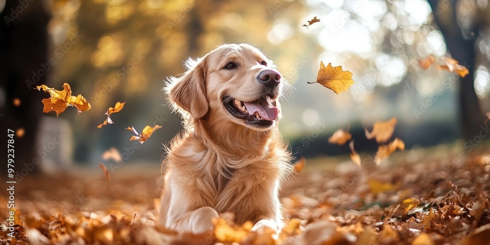 Sticker Golden Retriever dog playing in the autumn leaves at the park leaf retriever golden.