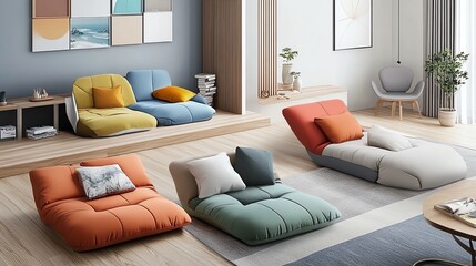 Modern living room with colorful floor pillows and cozy cushions, natural light, and minimalist decor for a comfortable, inviting space.