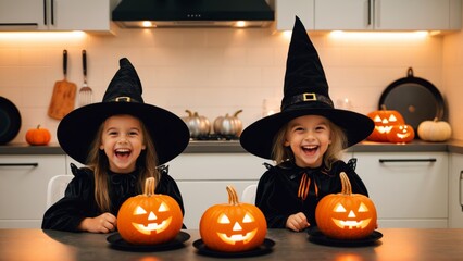 Fototapeta premium Girls in witch hats joyfully carving jack-o-lantern pumpkins for Halloween