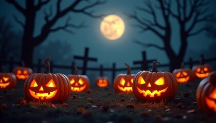  Eerie Halloween night with glowing jackolanterns under a full moon