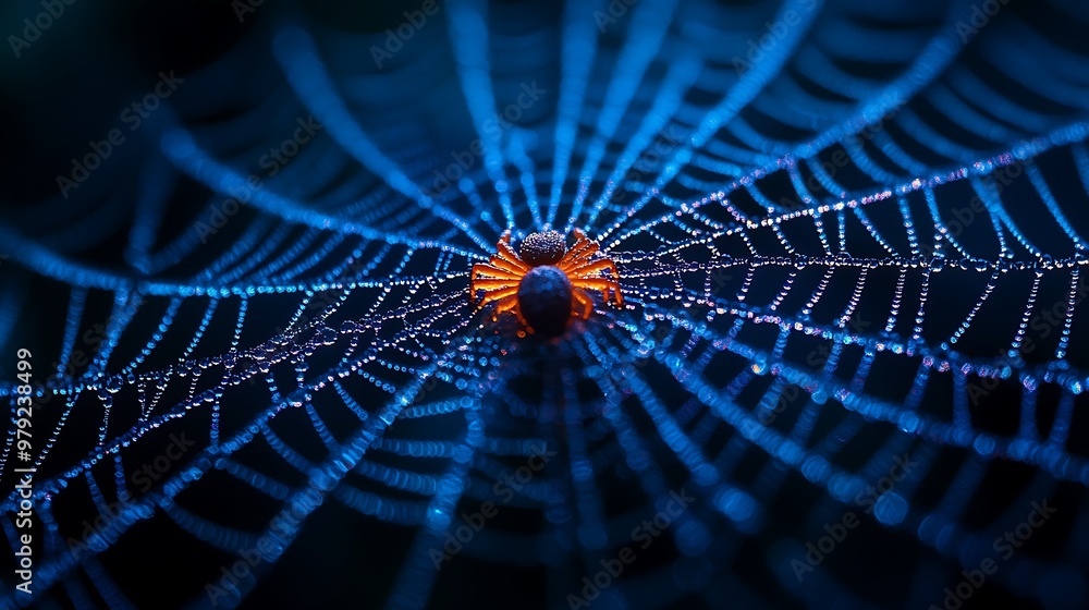 Poster a spider sits in the center of its web, illuminated by a blue light. the web is covered in dew drops