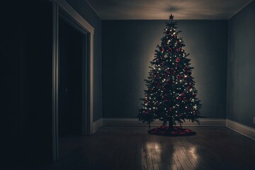 Fototapeta premium A dimly lit room with a decorated Christmas tree, creating a cozy and festive atmosphere for the holiday season.