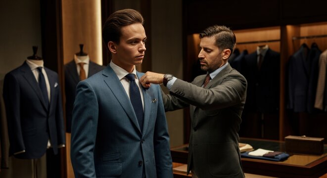 A man in a blue suit is helped by another man with a grey suit, adjusting the tie.