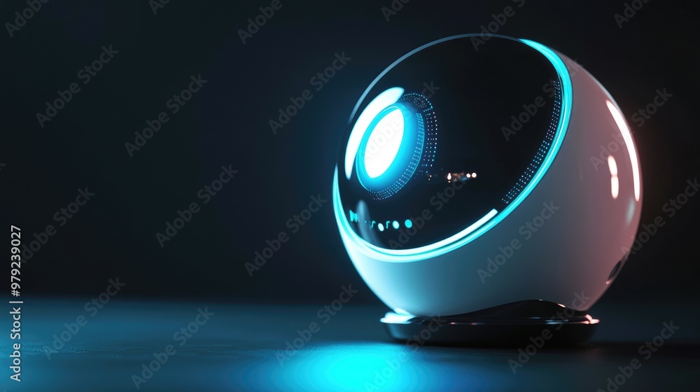 Poster a sleek spherical robot with a glowing interface, helping with daily tasks, showcasing the future of