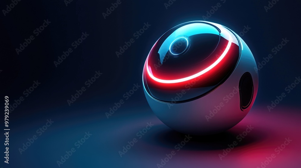 Poster a sleek spherical robot with a glowing interface, helping with daily tasks, showcasing the future of