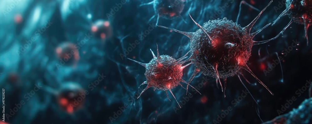 Poster close-up view of microorganisms with glowing features, showcasing intricate details of cellular stru