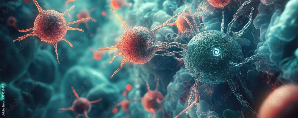 Poster detailed microscopic view of vibrant cells showcasing intricate structures and biological interactio