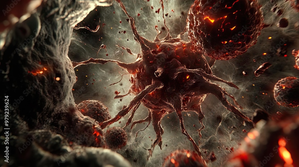 Poster intricate microscopic view of a cell with plasma and glowing particles, showcasing detailed biologic