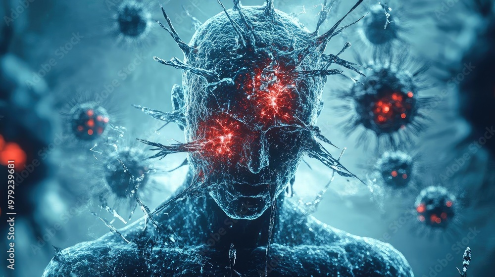 Poster a surreal representation of a humanoid figure surrounded by abstract virus-like shapes, emphasizing 