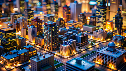 Detailed miniature city model with illuminated buildings, capturing bustling nighttime city life, miniature, cityscape