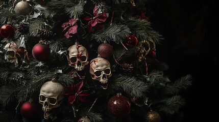 A spooky Christmas tree adorned with skull ornaments, red baubles, and dark green foliage, creating a haunting holiday atmosphere.