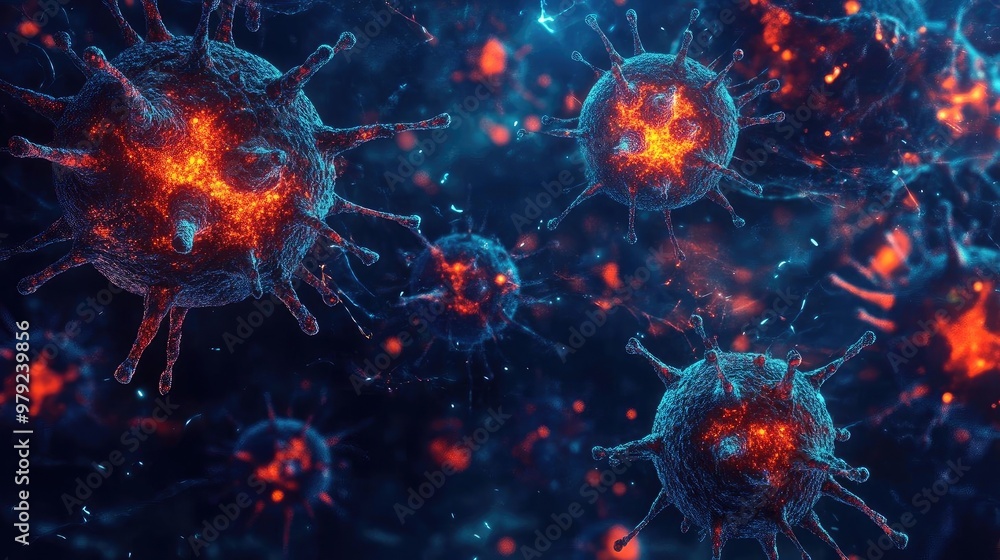 Poster close-up view of vibrant viruses in a digital environment, showcasing complex structures and bright 