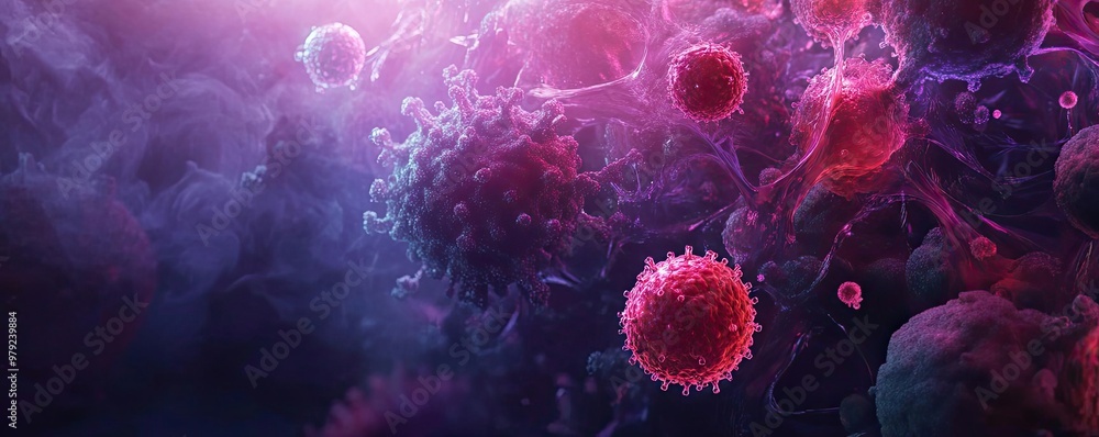 Poster abstract depiction of viruses and cells in vibrant colors, showcasing the complexity of microscopic 