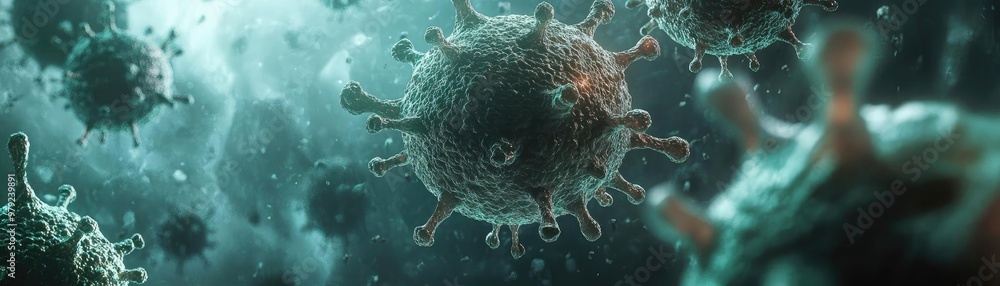 Poster microscopic view of viruses showcasing intricate details and textures, highlighting their complexity