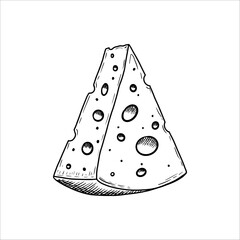 Hand drawn slice of cheese with holes. Vector illustration