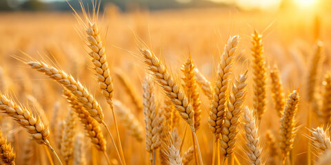 Fototapeta premium Close-up of wheat stalks against blurred wheat field, agriculture, crop, farm, growth, golden, nature, harvest, field