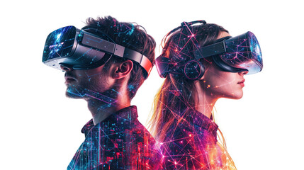 Couple in VR Headsets with Holographic Overlay in Metaverse