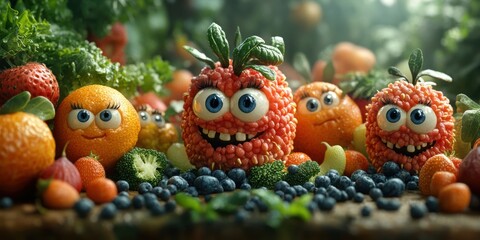 A vibrant city filled with animated fruits and veggies that turn the streets into a colorful and fun space