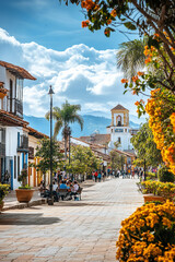 Fototapeta premium Historic Colombian town square with colonial architecture and vibrant street life