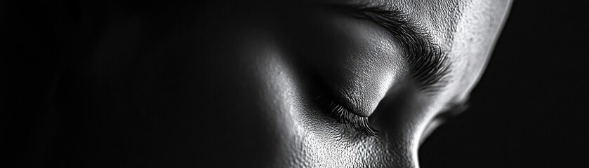 A close-up monochrome portrait showcasing the serene expression of a person with closed eyes, highlighting the beauty of calmness.