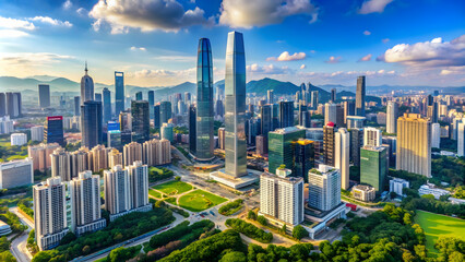 Naklejka premium Aerial view of Shenzhen, China downtown city skyline with modern skyscrapers, hotels, office buildings