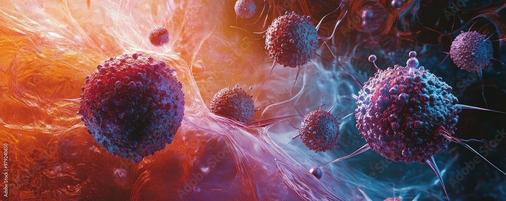 Poster abstract illustration of cells interacting in a colorful and dynamic environment, symbolizing life s