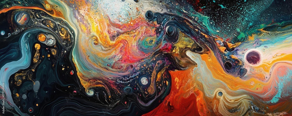 Poster a vibrant abstract composition depicting a cosmic scene filled with swirling colors and celestial el