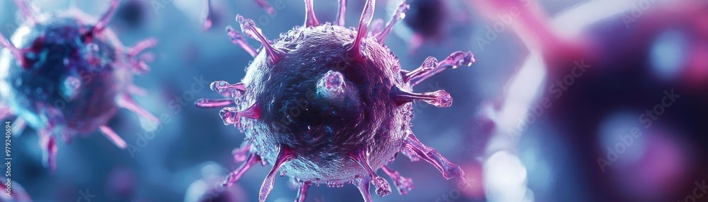Poster close-up of a vibrant virus structure showcasing detailed molecular patterns and colors, ideal for s