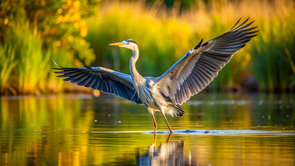 Naklejka premium Grey heron gracefully spreading its wings in a sunlit pond, wildlife, nature, bird, heron, pond, water, wings, spread