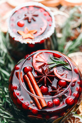 Mulled wine in glasses prepared on Christmas holidays. Food and drink photography